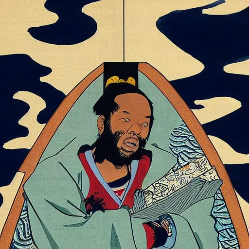 Prompt: wu-tang clan rapping, portrait, style of ancient text, hokusai