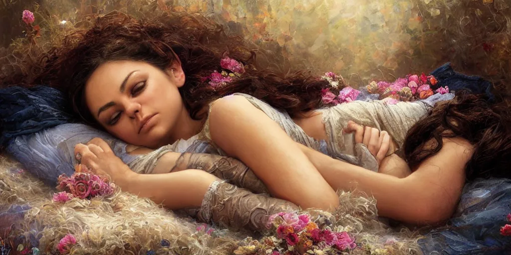 Image similar to Mila Kunis falling asleep, Lilia Alvarado, Sophie Anderson, Mark Arian, Bob Byerley, Charlie Bowater, Mark Brooks, Steve Henderson, Justin Gerard, Arthur Hughes, Edward Robert Hughes, Mark Keathley, Victor Nizovtsev, Carlos Shwabe, Ross Tran, WLOP