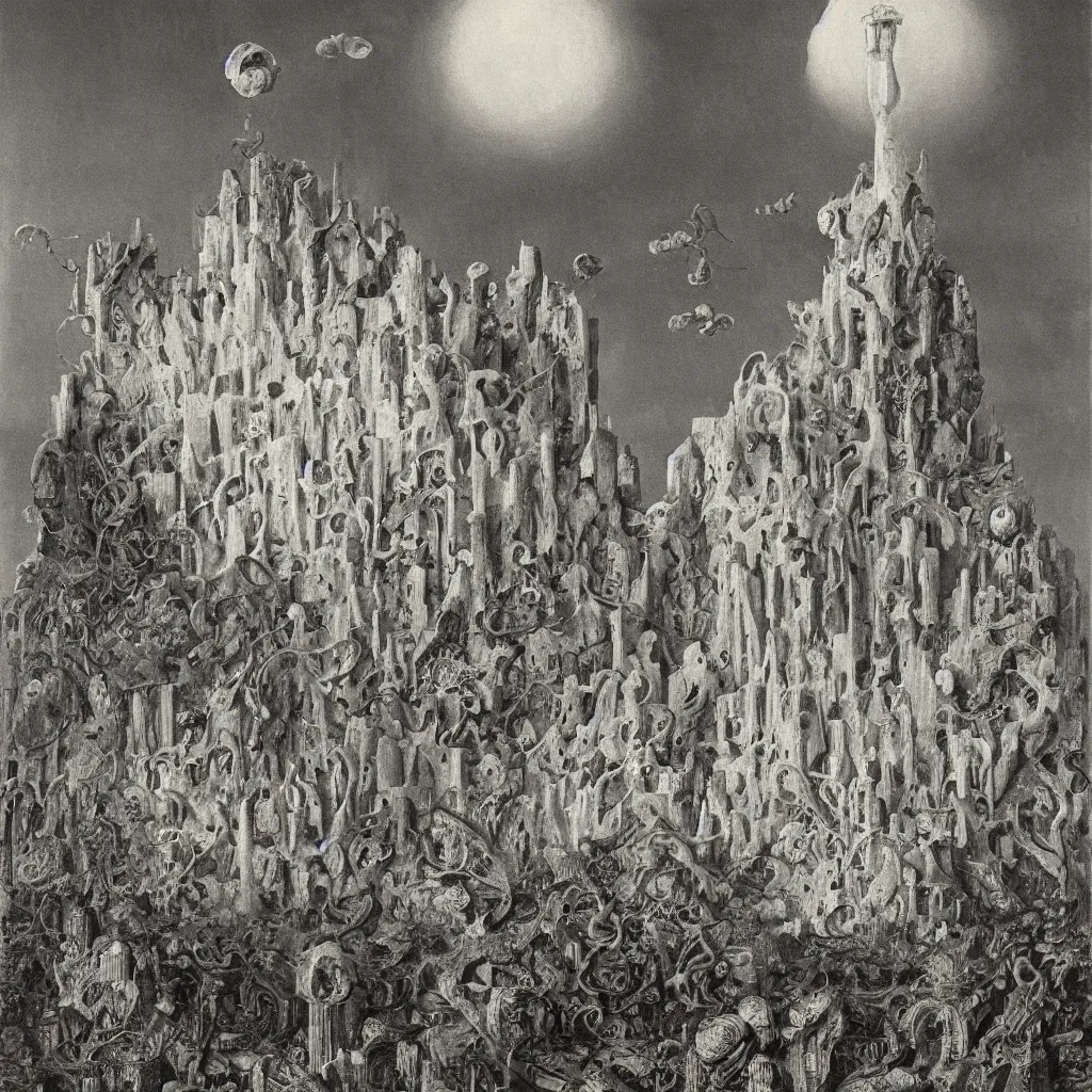 Prompt: a single colorful! ( lovecraftian ) fungus brutalist tower white! clear empty sky, a high contrast!! ultradetailed photorealistic painting by jan van eyck, audubon, rene magritte, agnes pelton, max ernst, walton ford, andreas achenbach, ernst haeckel, hard lighting, masterpiece