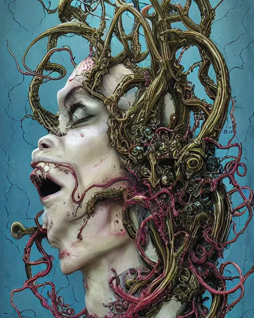 Image similar to centered horrific detailed side view profile portrait of a insane, crazed, mad zombie woman, ornate tentacles growing around, ornamentation, thorns, vines, tentacles, elegant, beautifully soft lit, full frame, by wayne barlowe, peter mohrbacher, kelly mckernan, h r giger