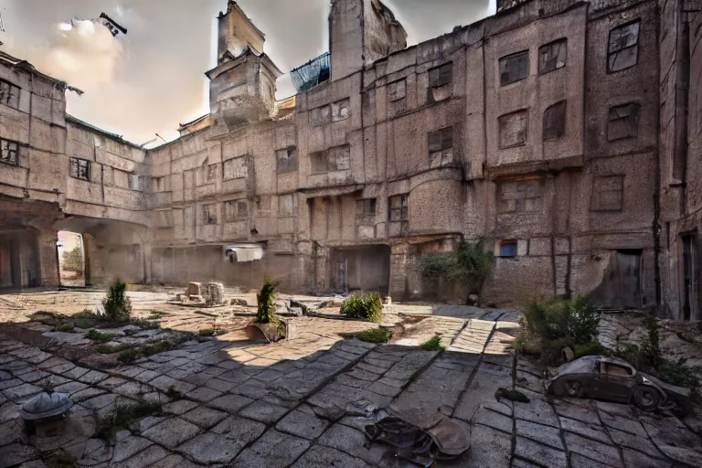 Image similar to an old courtyard with mud and an old playground between two soviet five-storey panel houses, Brutalism, high details, cinematic, 8k resolution, beautiful detailed, insanely intricate details, artstation trending, octane render, unreal engine