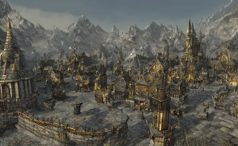 Image similar to whiterun in the style of vsevolod ivanov, hyperborea, fantasy city