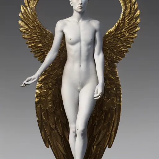 Image similar to a statue made of white marble with gold veins, of an beautiful angel girl, full body shot, perfect symmetrical body, perfect symmetrical face, no eyes, hyper realistic, hyper detailed, fujicolor superia 1 6 0 0 photo, by peter kemp, by monia merlo octane render, blender, 8 k