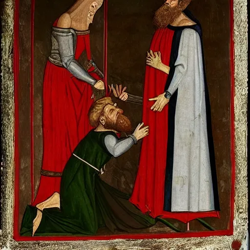 Image similar to a realistic medieval painting of a large bearded man kneeling, being knighted by royalty