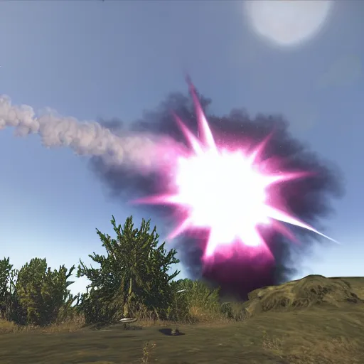 Image similar to arma 3 screenshot, rocket launch, blasting off, rocket smoke