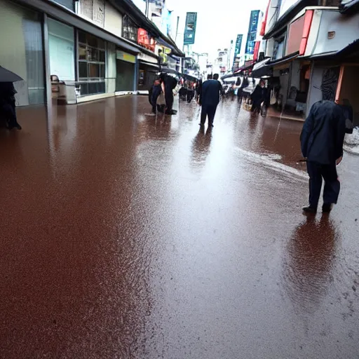 Image similar to an chocolate liquid melting from sky and flooding the street of tokyo