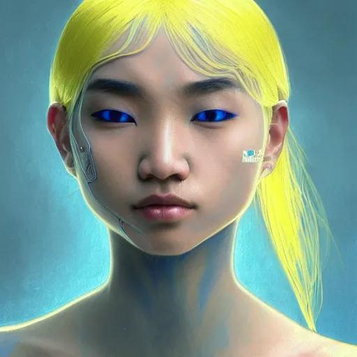 Prompt: filipino girl blue - yellow hair, metal plate, nasal strip, nose cast, intricate, elegant, highly detailed, my rendition, digital painting, artstation, concept art, smooth, sharp focus, illustration, art by artgerm and greg rutkowski and alphonse mucha and uang guangjian and gil elvgren and sachin teng, symmetry!!