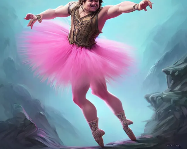 Image similar to photography of jack black dancing in a pink ballerina outfit, full body shot, deep focus, d & d and mtg, fantasy, intricate, elegant, highly detailed, digital painting, artstation, concept art, matte, sharp focus, illustration, hearthstone, art by ross tran