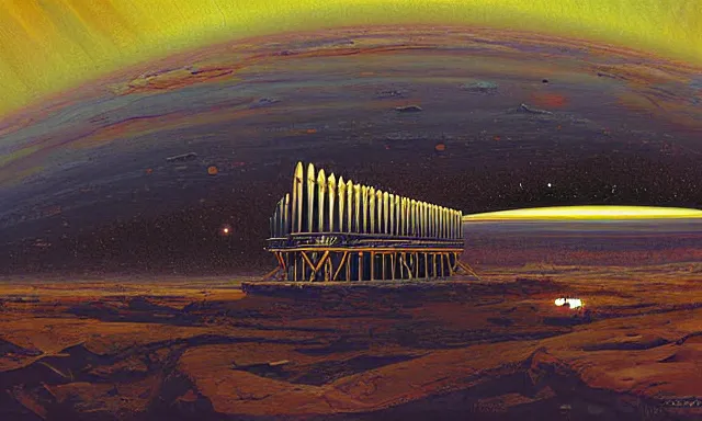 Prompt: digital painting of a pipe organ in the orbit of mars by john berkey