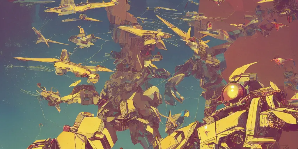 Prompt: risograph, gigantic mecha arzach birds, no artifacts, tiny rats, a lot of exotic animals around, big human faces everywhere, helicopters and tremendous birds, by satoshi kon and moebius, matte yellow colors, surreal design, crispy, super - detailed, a lot of tiny details, no blur, 4 k, fullshot