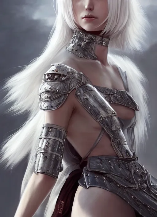 Image similar to warrior, fur leather armor!!! beautiful and elegant white hair female!! gorgeous ayes!! character concept art, sharp focus, octane render! unreal engine 5! highly rendered!! trending on artstation!! detailed linework!! illustration by artgerm, wlop, and chie yoshii