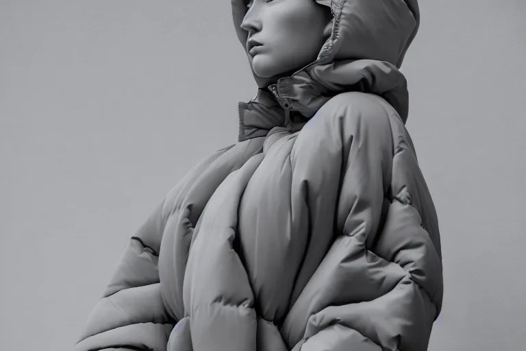 Image similar to well lit fashion shoot portrait of extremely beautiful female marble statue wearing huge over size puffer jacket by dingyun zhang, yeezy, balenciaga, vetements, a cold wall, sharp focus, clear, detailed,, cinematic, detailed, off white, glamourous, symmetrical, vogue, editorial, fashion, magazine shoot, glossy