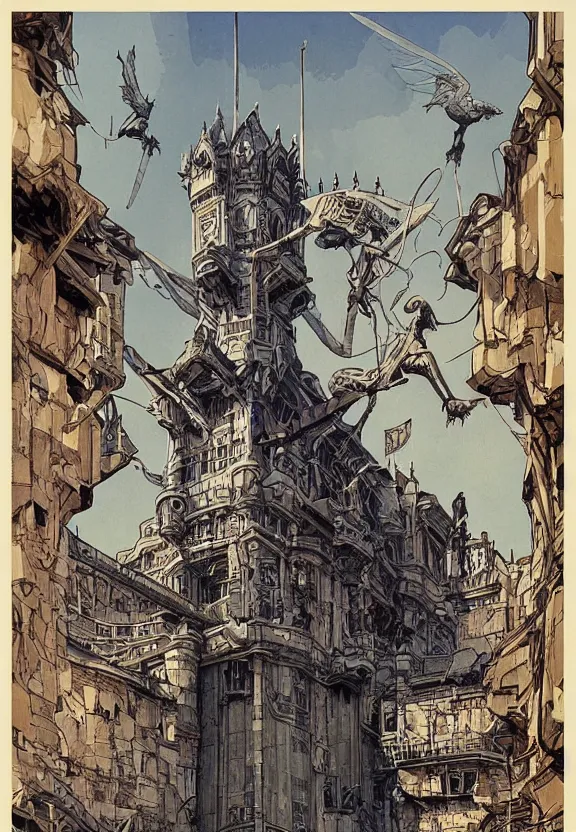 Image similar to [Art nouveau poster of a bunker adorned with gargoyles and checkered flags. Propaganda poster!, intricate, elegant, highly detailed, digital painting, artstation, concept art, matte, sharp focus, illustration, art by Enki Bilal and Moebius]