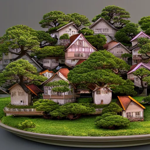 Prompt: cluster of houses on top of bonsai tree, artstation, digital art