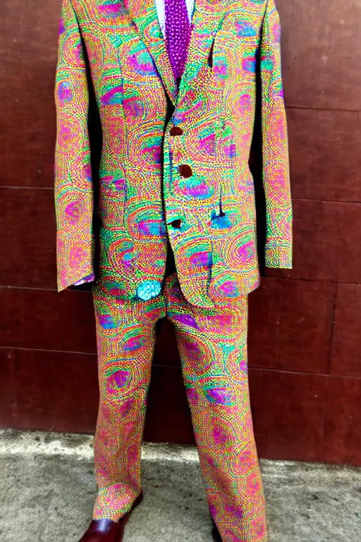 Prompt: psychedelic fashion business suit trippy 6 0 s paisleys pattern textile business suit uniform