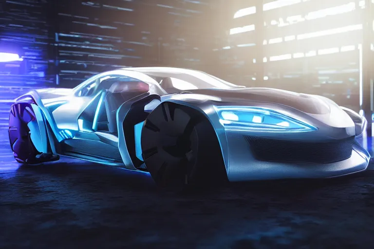 Image similar to cyberpunk ford concept inspired sports car, futuristic look, highly detailed body, very expensive, photorealistic camera shot, bright studio setting, studio lighting, crisp quality and light reflections, unreal engine 5 quality render