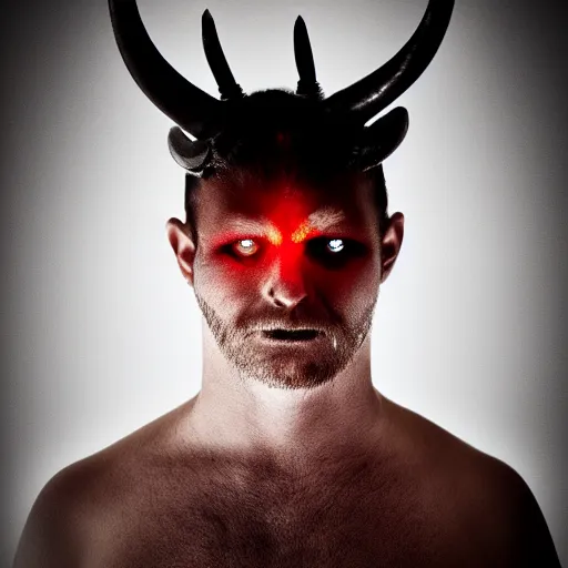 Image similar to a man with horns growing from his head. a black dot. red eyes and sharp teeth. portrait photography, studio lighting, cinematic, chilling 4 k