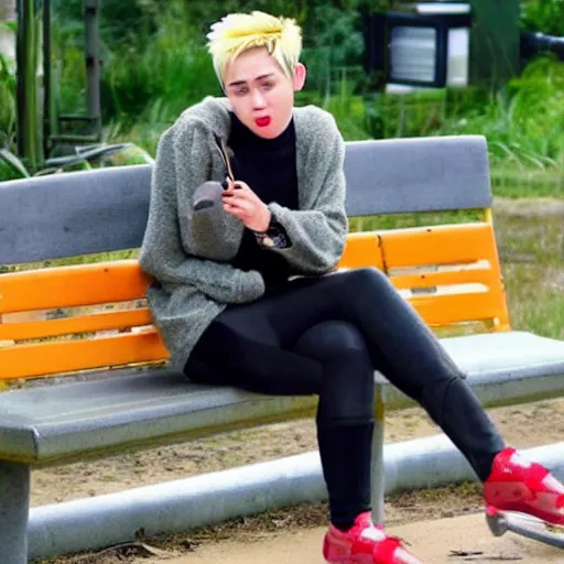 Image similar to miley cyrus sat on a bench eating cheese, thunderstorm, studio ghibli