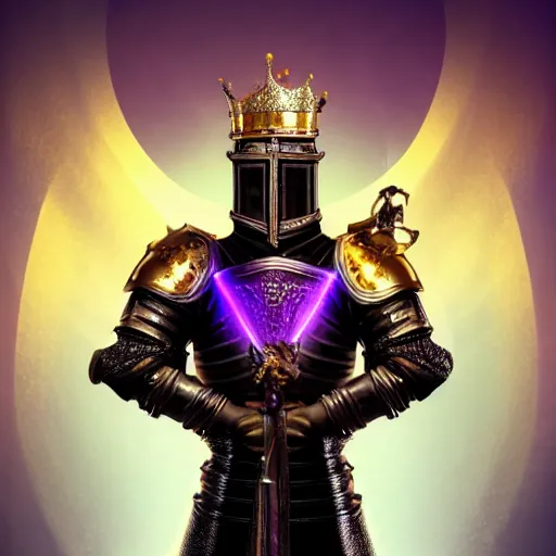 Prompt: a highly detailed knight with glowing purple eyes in a T golden helmet and a golden crown with a blue diamond in the center, golden armor, leather clothes under the armor, leather gloves, holds a black sword, artstation, DeviantArt, professional, octane render, sunset lighting