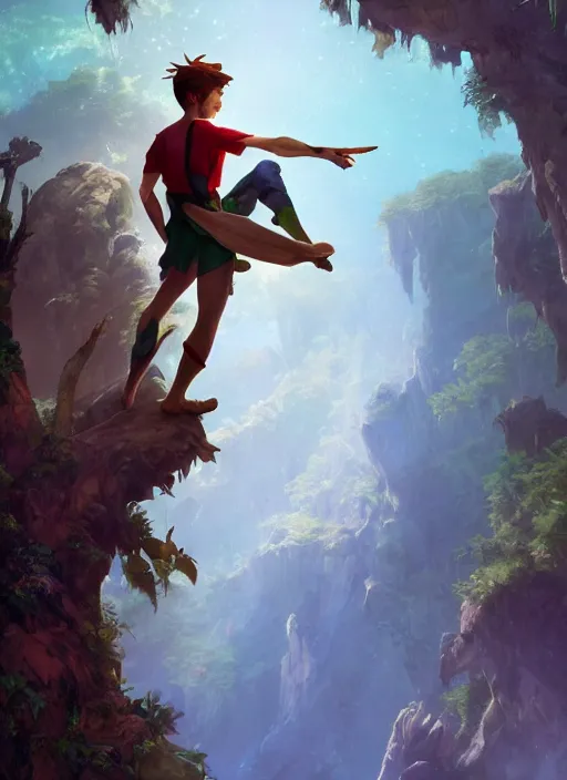 Prompt: skinny young tom holland as peter pan in neverland, dynamic lighting, path traced, atmospheric, highly detailed, high quality, beautiful painting, octane render, don bluth, ross tran, studio ghibli, alphonse mucha, jama jurabaev, extremely detailed, brush strokes, artstation, artgerm