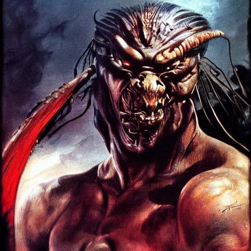 Prompt: Predator (1987), by Frank Frazetta, digital painting, masterpiece