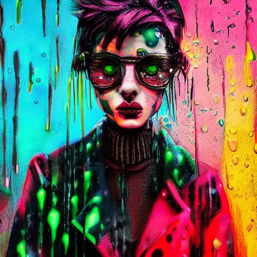 Image similar to splashes of neon, punk portrait made out of paint with rain in the background, trending on artstation, epic composition, emotional, beautiful, rendered in octane, highly detailed, realistic, tim burton comic book art, sharp focus, detailed eyes