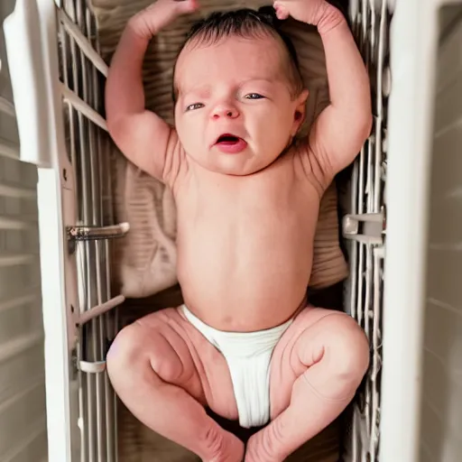 Image similar to extremely muscular bodybuilder newborn little baby in a crib, genetically engineered, rippling muscles, huge veins, bulging muscles, ripped, flexing, intense expression, award winning photography, high detail