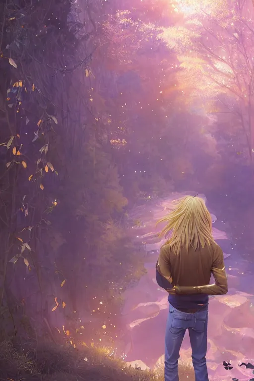 Image similar to pretty young man with long golden blond hair made of shiny and sparkling gold, demure, slender, back view, lost, trees, detailed forest background, webtoon, breathtaking scenery, colourful, 8 k, graphic novel, digital art trending on artstation, volumetric lighting, octane render, cinematic, hyper detailed, magical atmosphere, magical forest, anime