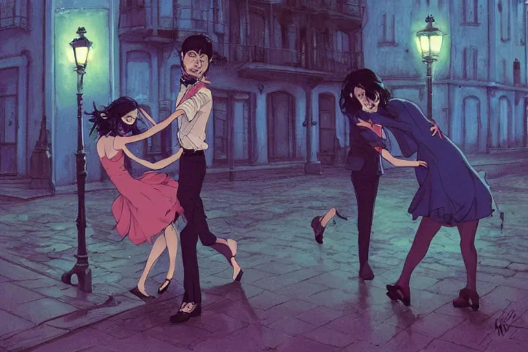 Image similar to a zombie couple dancing tango in the streets of Buenos aires at night, dark blue long hair, muted colors, matte print, pastel colors, ornate, digital art, cute smile, digital painting, fan art, elegant, pixiv, by Ilya Kuvshinov, by Studio Ghibli