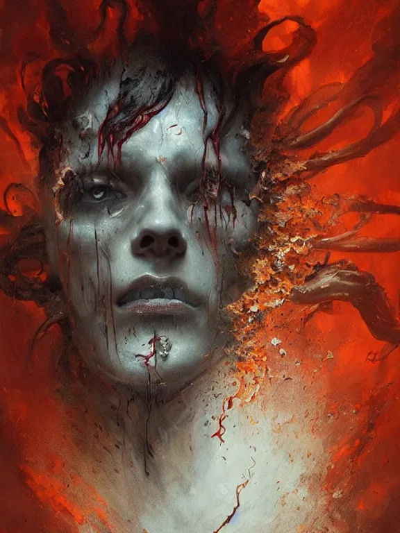 Image similar to painting by greg rutkowski a flying human head with tears running down it's face face that is chalk white in color, with long white!! tentacles!! coming out of the neck, fiery scorching red eyes, flying in a terrying hellish dark cavernous place