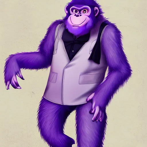 Prompt: a anime style digital art of a purple fur gorilla wearing a black suit, black pants, black shoes and a black, trending on arstation, ilya kuvshinov