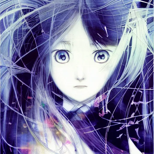 Image similar to yoshitaka amano blurred and dreamy realistic illustration of an anime girl with black eyes, wavy white hair fluttering in the wind wearing dress suit with tie, junji ito abstract patterns in the background, satoshi kon anime, noisy film grain effect, highly detailed, renaissance oil painting, weird portrait angle, blurred lost edges, three quarter view