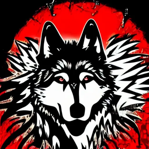 Image similar to vector illustration of a wolf with a mohawk gang tag graffiti, red and black, punk, spray smudge, masterpiece, banksy