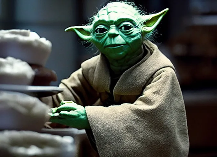 Image similar to film still of yoda working as a pastry chef in the new Star Wars movie, 4k