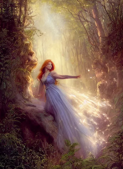 Image similar to Amy Adams staring into the camera, misty wisps, fireflies, Lilia Alvarado, Sophie Anderson, Mark Arian, Bob Byerley, Charlie Bowater, Mark Brooks, Steve Henderson, Justin Gerard, Arthur Hughes, Edward Robert Hughes, Mark Keathley, Victor Nizovtsev, Carlos Shwabe, Ross Tran, WLOP