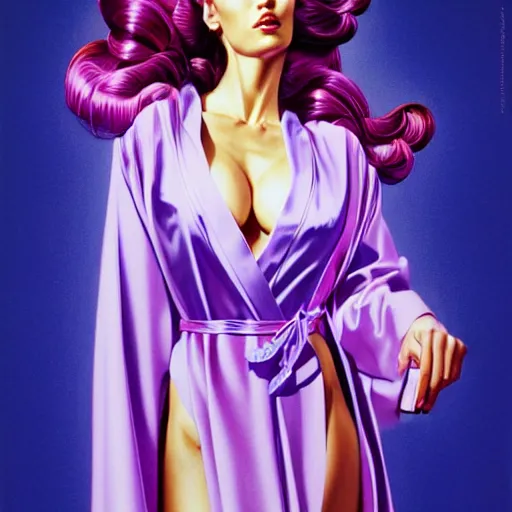 Image similar to woman wearing a light purple silk robe, blue sky, art by peter lloyd, art by peter palombi 1 9 8 0, airbrush style, art by hajime sorayama,, intricate, elegant, sharp focus, illustration, highly detailed, concept art, matte, sharp focus, illustration, highly detailed, concept art, h 6 4 0