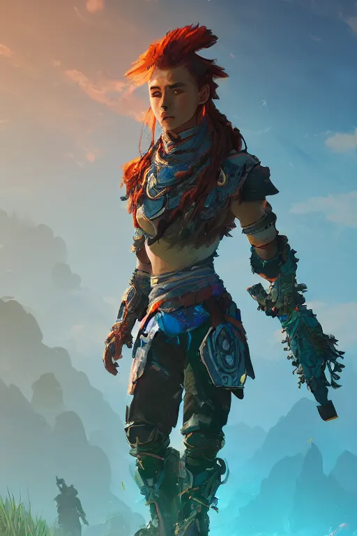 Image similar to combination suit armor aloy horizon forbidden west horizon zero dawn radiating a glowing aura global illumination ray tracing hdr fanart arstation by ian pesty and alena aenami artworks in 4 k tribal robot ninja mask helmet backpack