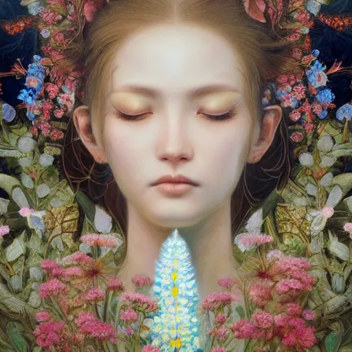 Image similar to breathtaking detailed concept art painting of the goddess of nemophila flowers, orthodox saint, with anxious, piercing eyes, ornate background, amalgamation of leaves and flowers, by Hsiao-Ron Cheng, James jean, Miho Hirano, Hayao Miyazaki, extremely moody lighting, 8K