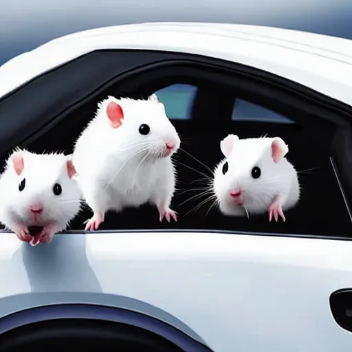 Prompt: wide shot, white hamster piloting a qashqai on the road with open windows