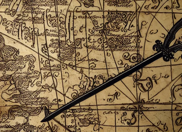 Image similar to close up of sword inlaid with a medieval map