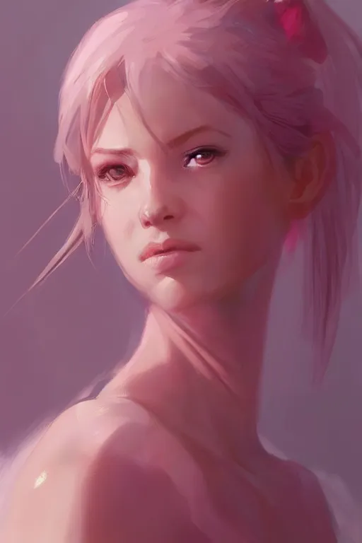 Prompt: 3 / 4 portrait, soft, pink, artgerm and and greg rutkowski, trending on artstation