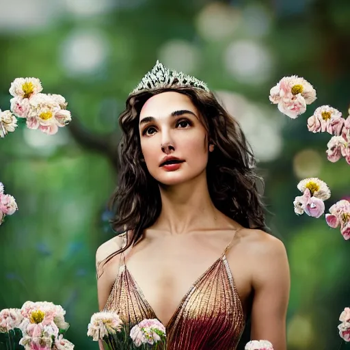 Image similar to fine art photo of the beauty gal gadot, she is posing while maintain a sweet eye contact to the camera, she has a crown of flowers, the photo was taken at sunrise with a bokeh effect, by ellie victoria gale, photorealistic, matte painting, hyper realistic, 4 k, 8 k, cinematic composition, hd, highly detailed, trending on artstation