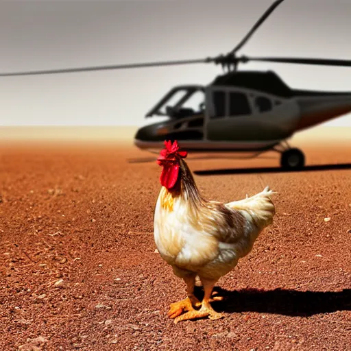 Prompt: realistic photograph of a chicken in a desert with a helicopter, high quality