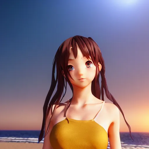 Image similar to Render of a very beautiful 3d anime girl, full body, long hair, hazel eyes, cute freckles, full round face, short smile, cute sundress, golden hour, serene beach setting, cinematic lightning, medium shot, mid-shot, highly detailed, trending on Artstation, Unreal Engine 4k, cinematic wallpaper