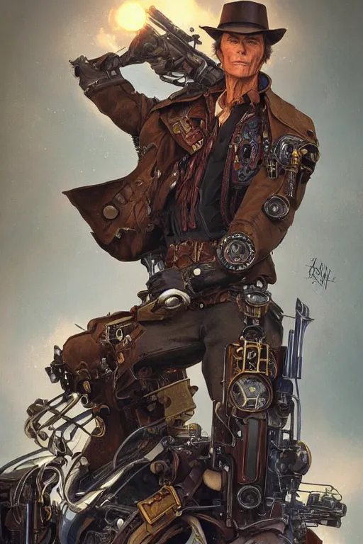 Image similar to teenager clint eastwood as a steampunk cyborg gunslinger, portrait, western, duster, fantasy, intricate, elegant, highly detailed, digital painting, artstation, concept art, sharp focus, illustration, art by artgerm and greg rutkowski and alphonse mucha