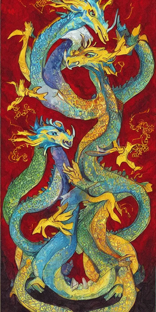 Image similar to greeting card, love, 2 beautiful royal dragons, by wylie beckert, warm colors, cozy