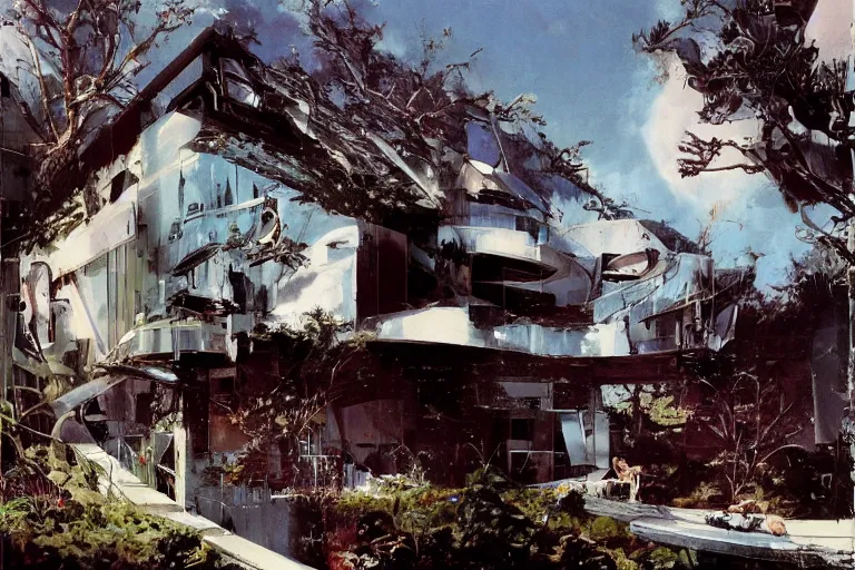 Prompt: retro futuristic house by syd mead, john berkey, jeremy mann, carl spitzweg, james gurney, science fiction