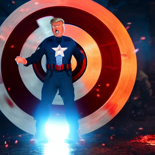 Image similar to portrait of donald trump as captain america in gears of war, splash art, maga, patriot, movie still, cinematic lighting, dramatic, glowing, ray tracing, octane render, long lens, shallow depth of field, bokeh, anamorphic lens flare, 8 k, hyper detailed, 3 5 mm film grain