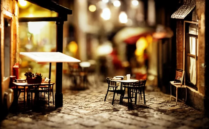Prompt: miniature cafe nighttime diorama macro photography, cafe for mice, alleyway, ambient, atmospheric, british, bokeh, romantic