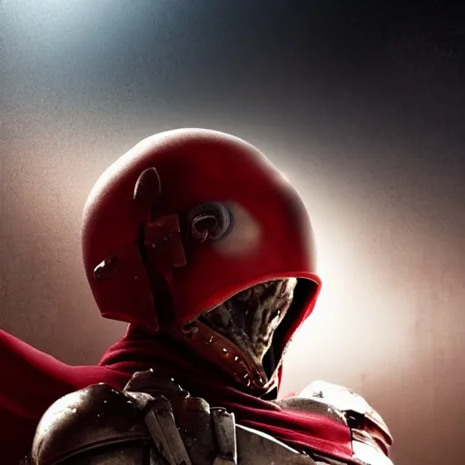 Image similar to full body shot of a muscular soldier vertical nose slits, angular eyebrows, blood - spattered glossy sleek white dinged scuffed armor and a long torn red cape, heroic posture, battle - weary, strained expression, determined expression, no helmet, on the surface of mars, dramatic lighting, cinematic, sci - fi, hyperrealistic, detailed